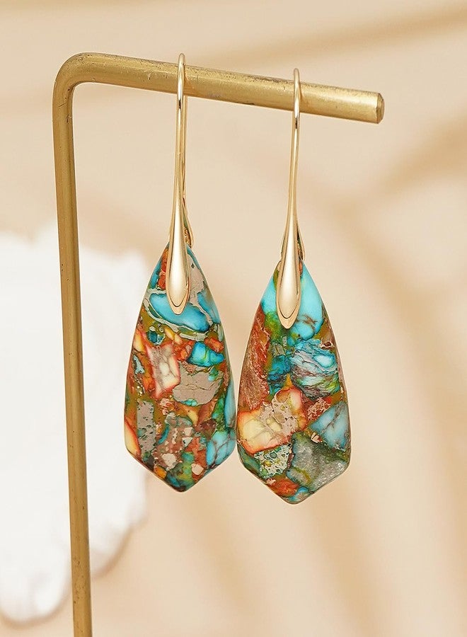 Wovanoo Natural Stone Earrings Multishape Dangle Drop Earrings Boho Stone Earring for Women Colorful Gold - Image 4